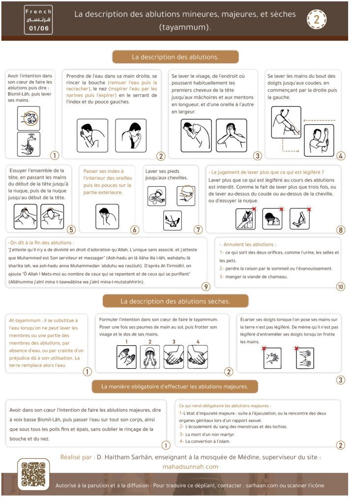 Description des ablutions mineures, majeurs et sèche (Tayammum)