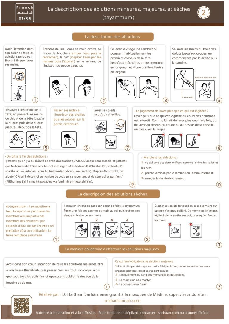 Description des ablutions mineures, majeurs et sèche (Tayammum)