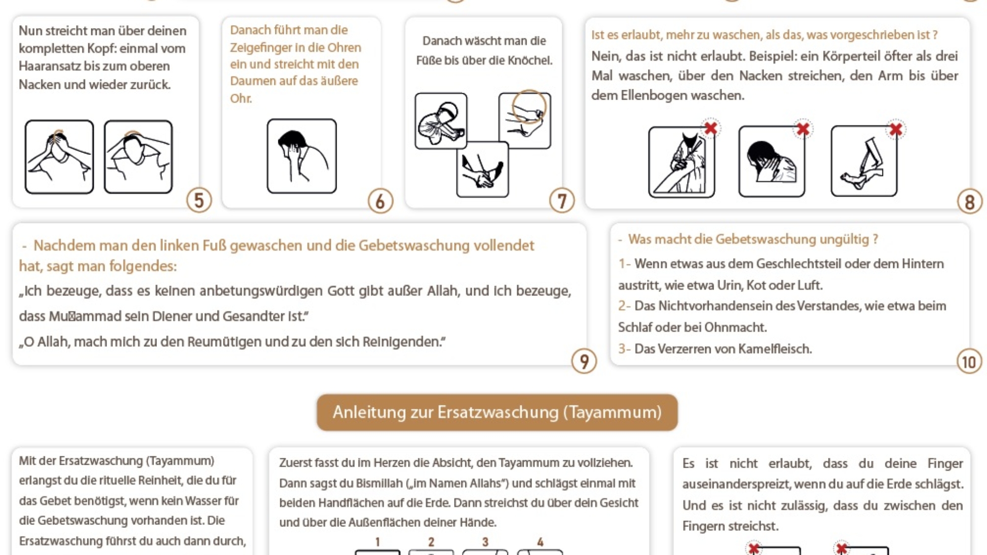 Anleitung zur Gebetswaschung (Wuḍūʾ), Ersatzwaschung (Tayammum) und Ganzkörperwaschung (Ġusl)