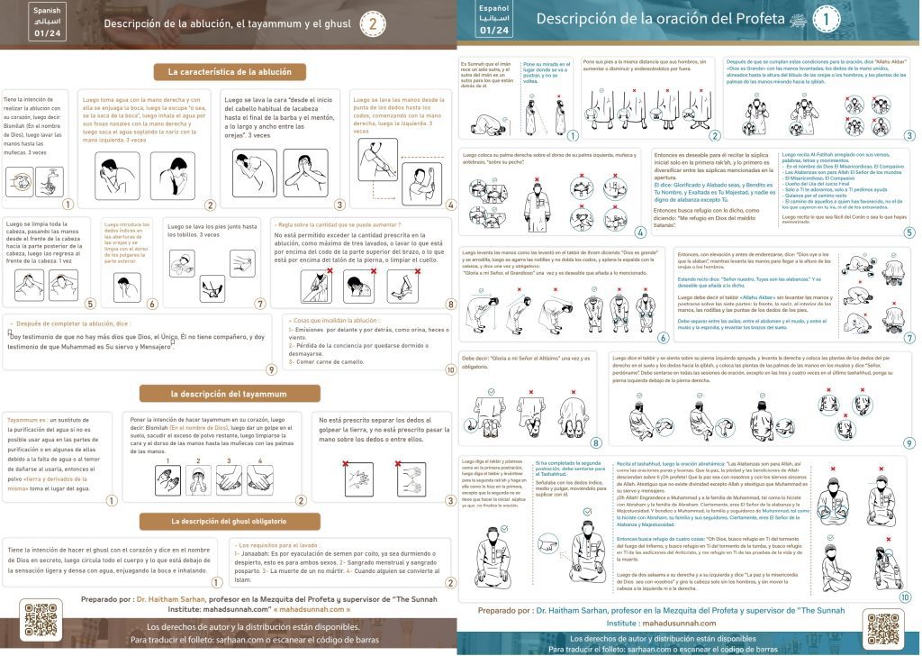 Descripción de la ablución, el tayammum y el ghusl y de la oración del Profeta