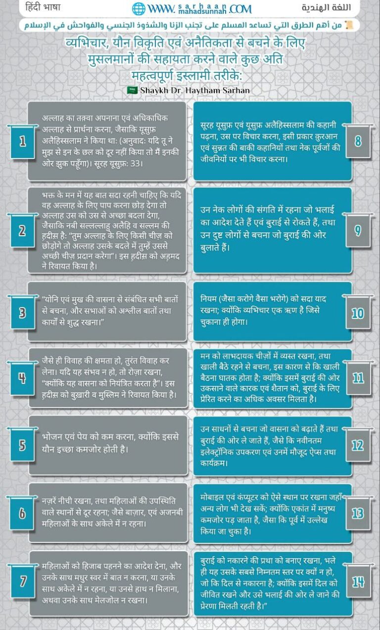 व्यभिचार, यौन विकृति एवं अनैतिकता से बचने के लिए मुसलमानों की सहायता करने वाले कुछ अति महत्वपूर्ण इस्लामी तरीके – हिंदी भाषा