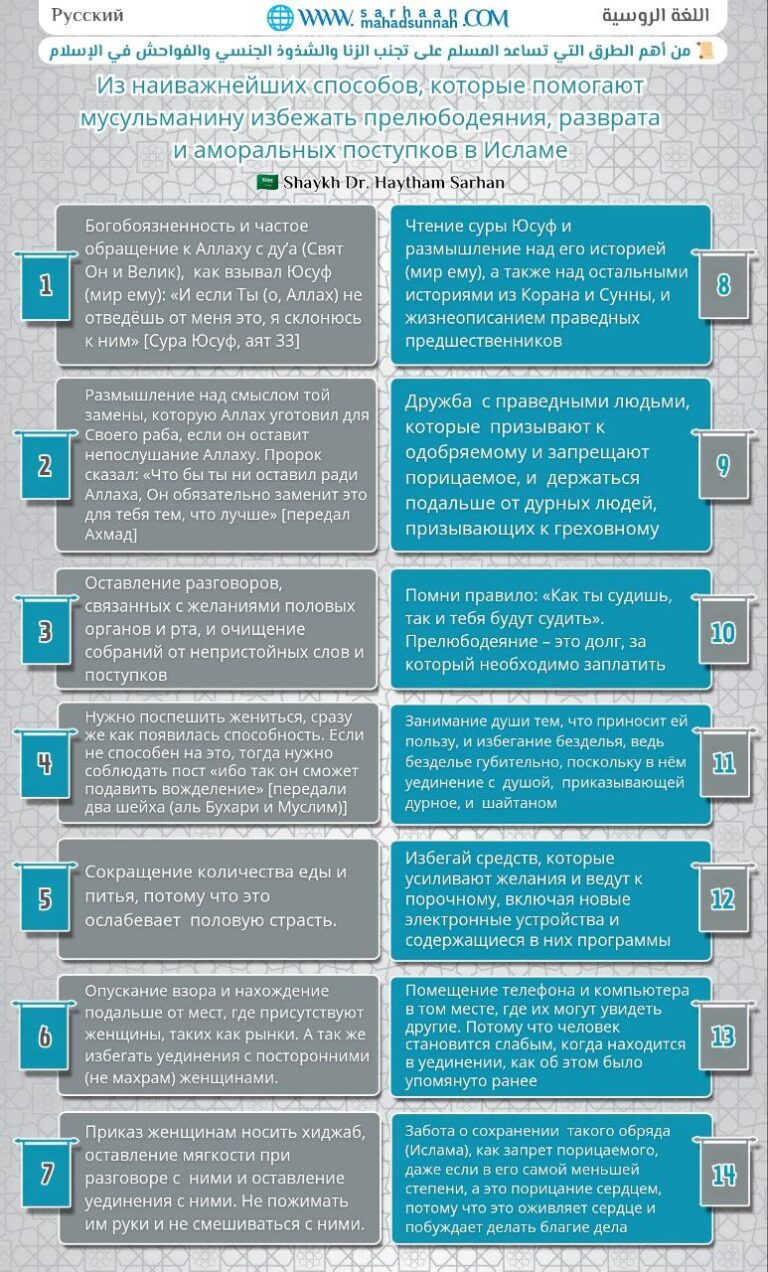 Из наиважнейших способов, которые помогают мусульманину избежать прелюбодеяния, разврата и аморальных поступков в Исламе