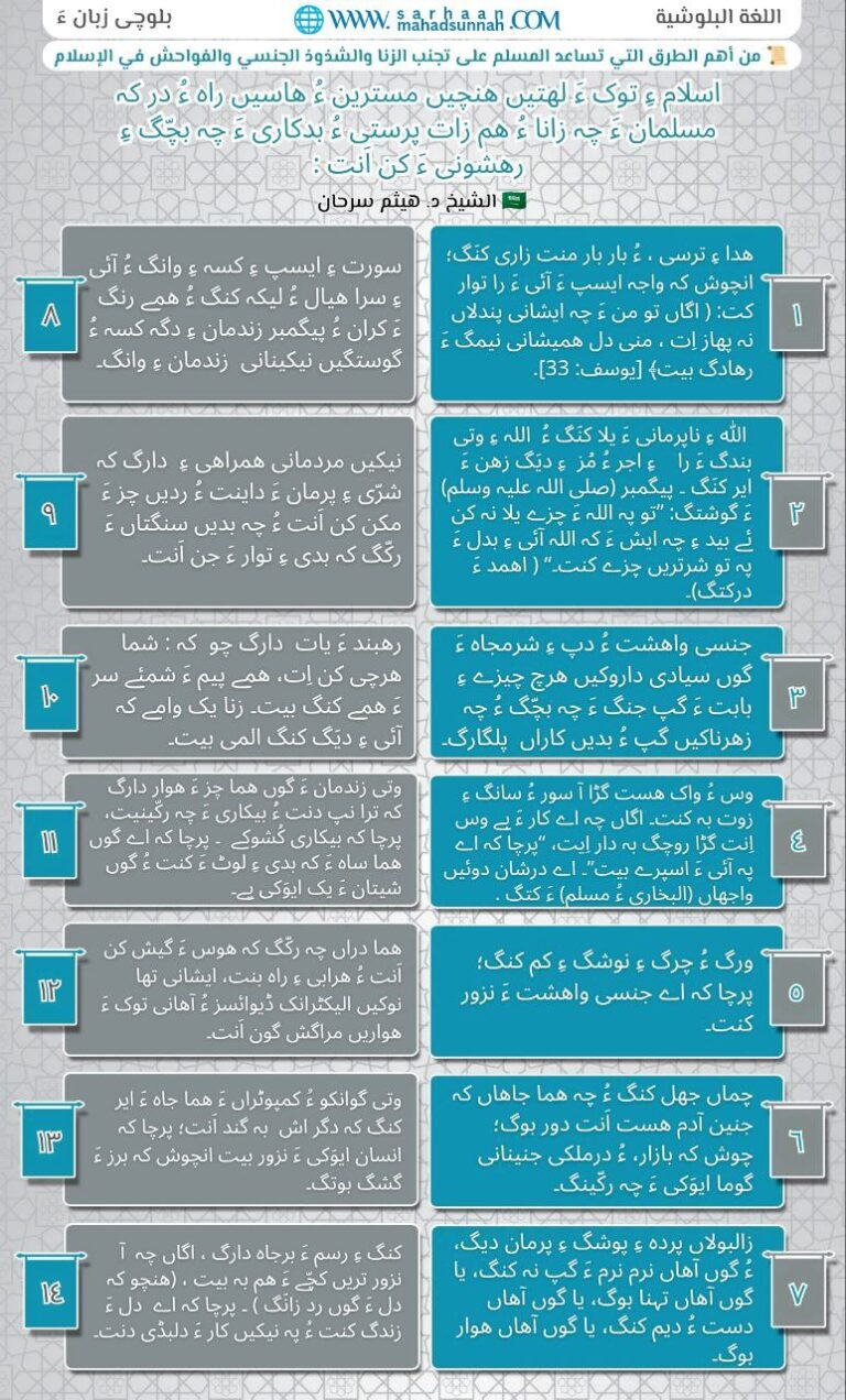 بلوچی زبان ءَ  اسلام ءِ توک ءَ لهتیں هنچیں مسترین ءُ هاسیں راه ءُ در کہ مسلمان ءَ چہ زانا ءُ هم زات پرستی ءُ بدکاری ءَ چہ بچّگ ءِ رهشونی ءَ کن اَنت :