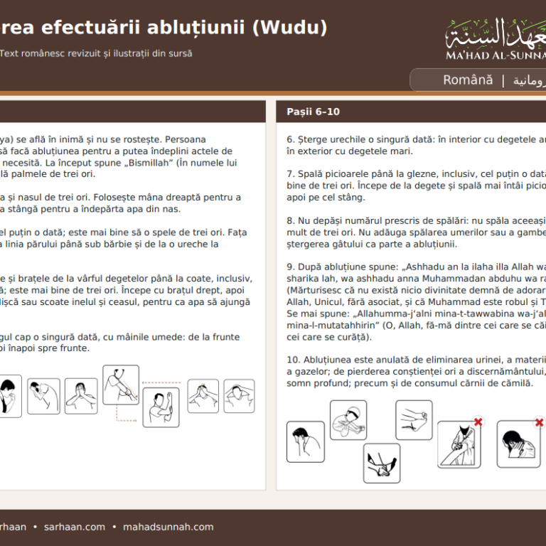 Descrierea abluțiunii (wudu), a purificării uscate (tayammum) și a băii rituale (ghusl) صفة الوضوء والتيمم والغسل